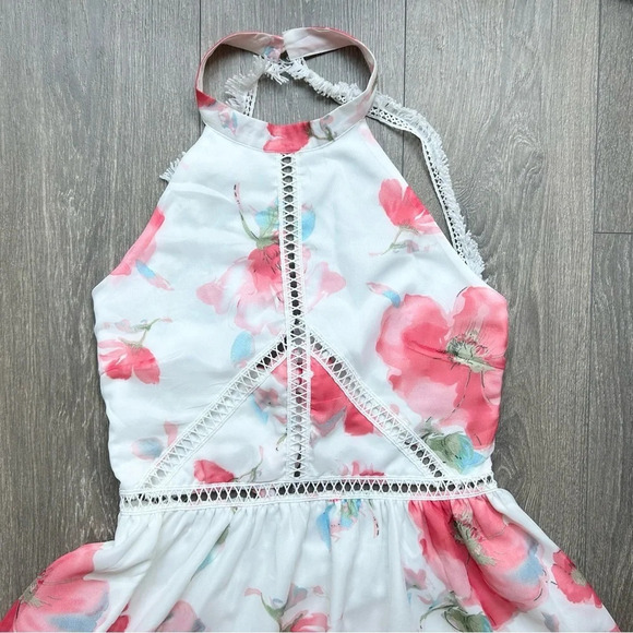 Two Sisters The Label Floral Halter Mini Dress Chiffon Size Large Boho Chic - Picture 6 of 16